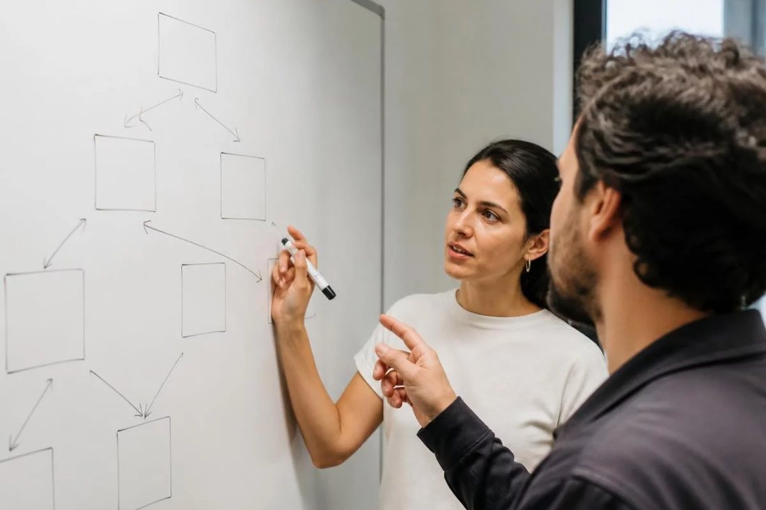 Dois alunos em pé diante do quadro branco, riscando a ordem em que o argumento será apresentado